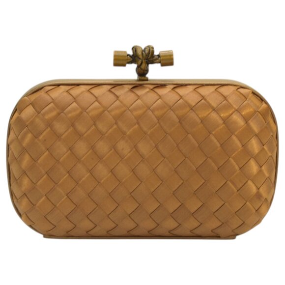 Bottega Veneta gold intrecciato woven satin knot clutch bag brass hardware - Picture 1 of 16